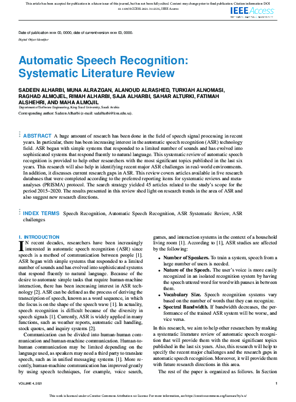 (PDF) Automatic Speech Recognition: Systematic Literature Review