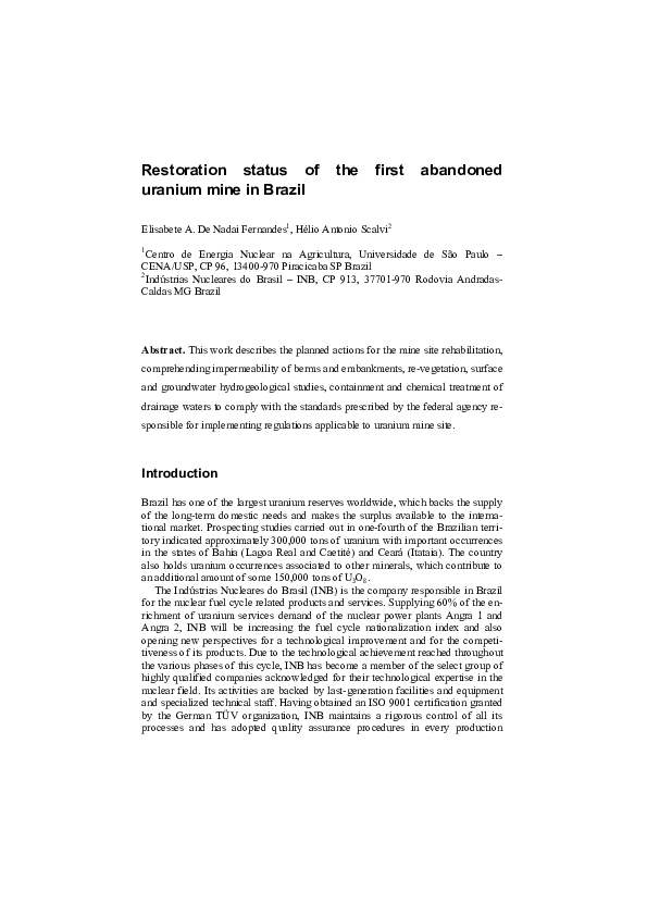 (PDF) Restoration status of the first abandoned uranium mine in Brazil