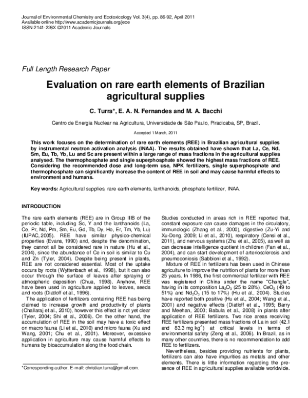 (PDF) Evaluation on rare earth elements of Brazilian agricultural supplies