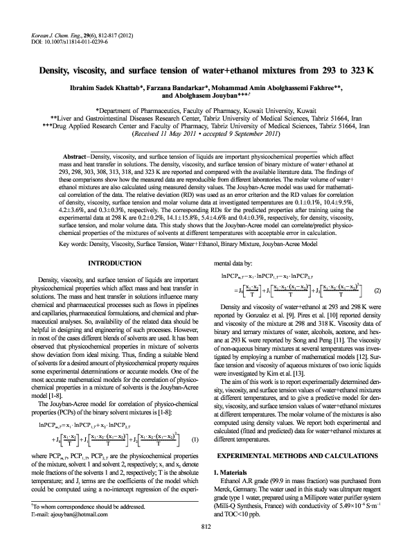 (PDF) Density, viscosity, and surface tension of water+ethanol mixtures ...