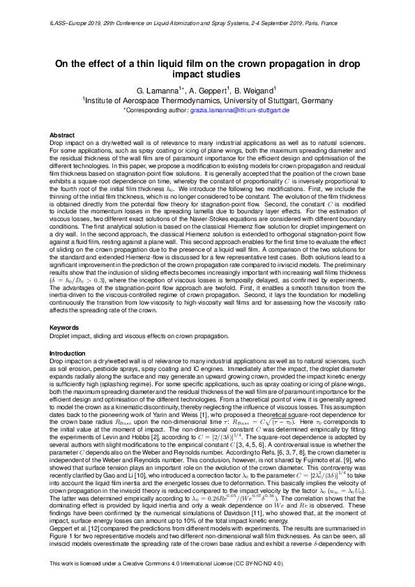 (PDF) On the effect of a thin liquid film on the crown propagation in ...