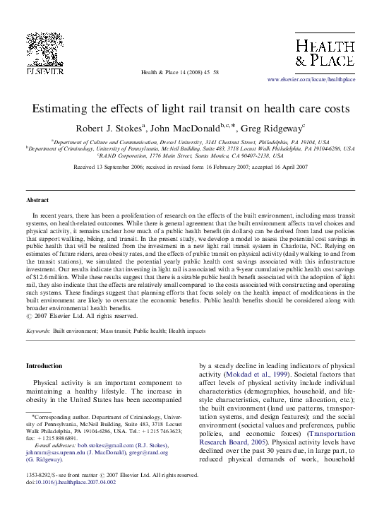 (PDF) Estimating the effects of light rail transit on health care costs