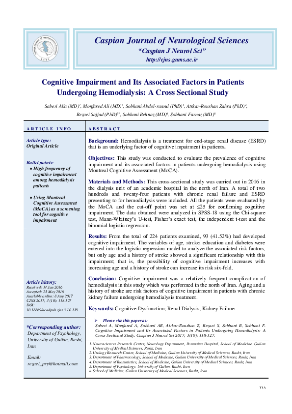 (PDF) Cognitive Impairment and Its Associated Factors in Patients ...