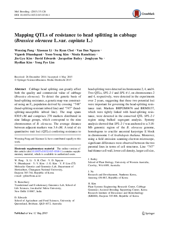 (PDF) Mapping QTLs of resistance to head splitting in cabbage (Brassica ...