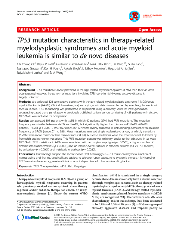 (PDF) TP53 mutation characteristics in therapy-related myelodysplastic ...