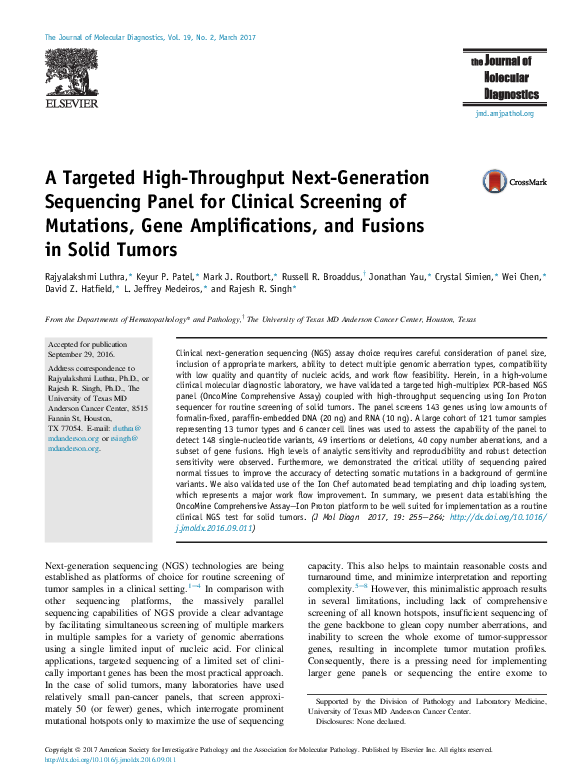 (PDF) A Targeted High-Throughput Next-Generation Sequencing Panel for ...
