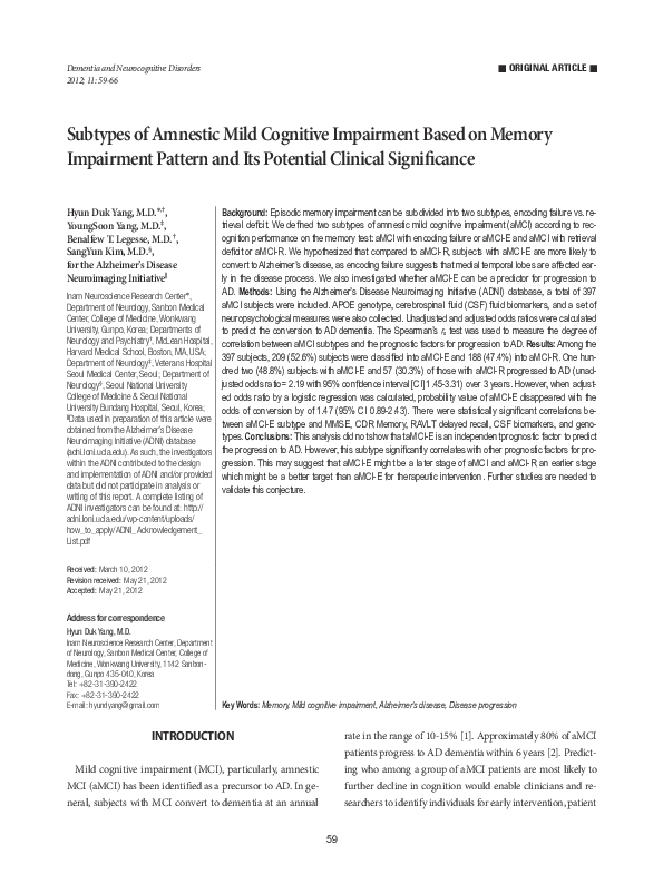 (PDF) Subtypes of Amnestic Mild Cognitive Impairment Based on Memory ...