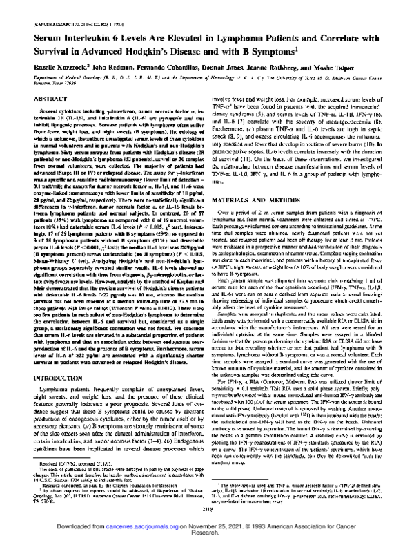 (PDF) Serum interleukin 6 levels are elevated in lymphoma patients and ...
