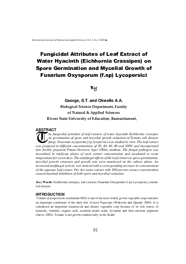 (PDF) Fungicidal Attributes of Leaf Extract of Water Hyacinth ...