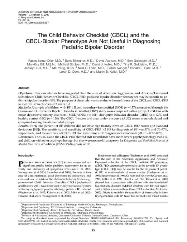 (PDF) CBCL's Limited Usefulness in Diagnosing Pediatric Bipolar Disorder