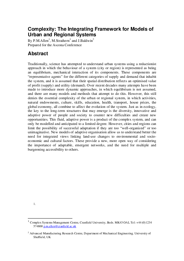 (PDF) Complexity: the Integrating Framework for Models of Urban and ...