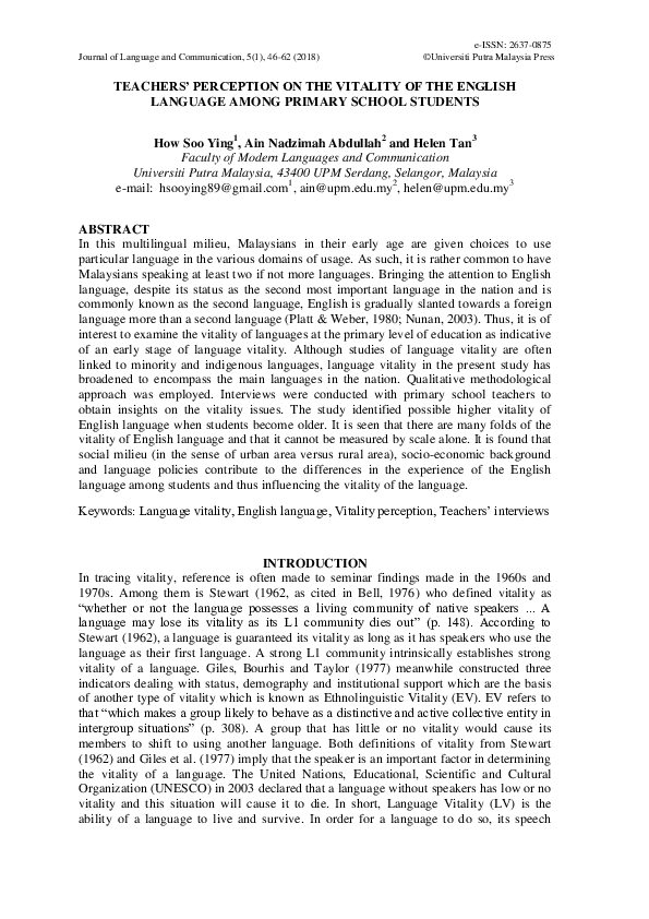 (PDF) Teachers' perception on the vitality of the English language ...
