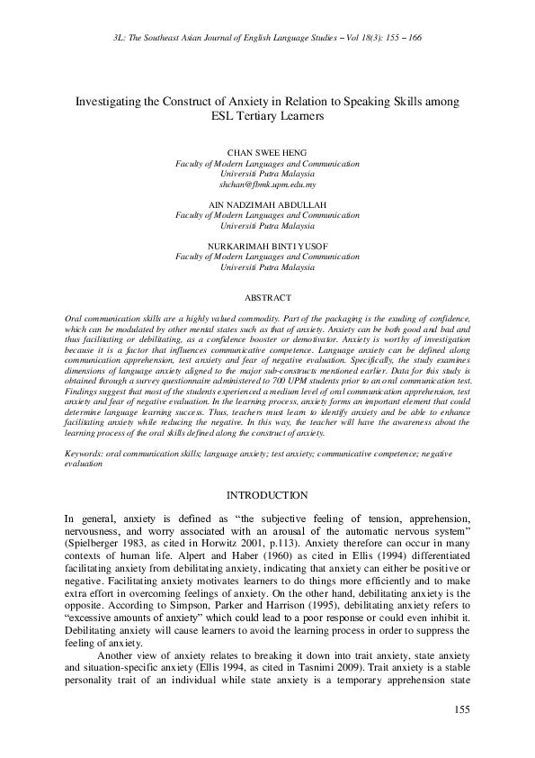 (PDF) Investigating the Construct of Anxiety in Relation to Speaking ...