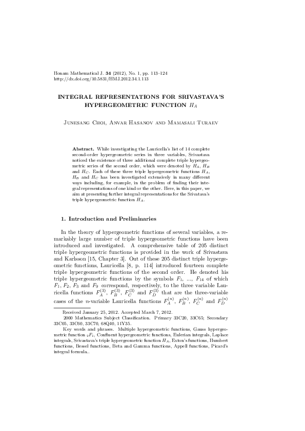 (PDF) Integral Representations for Srivastava's Hypergeometric Function Ha
