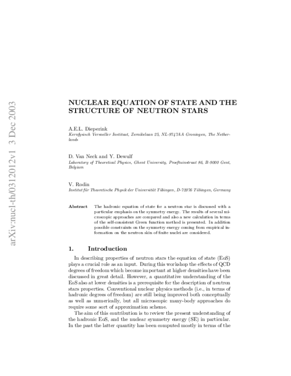 (PDF) The Nuclear Equation of State and Neutron Star Structure
