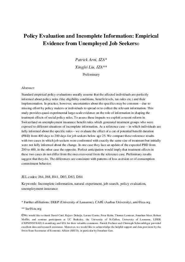 (PDF) Policy Evaluation and Incomplete Information: Empirical Evidence ...