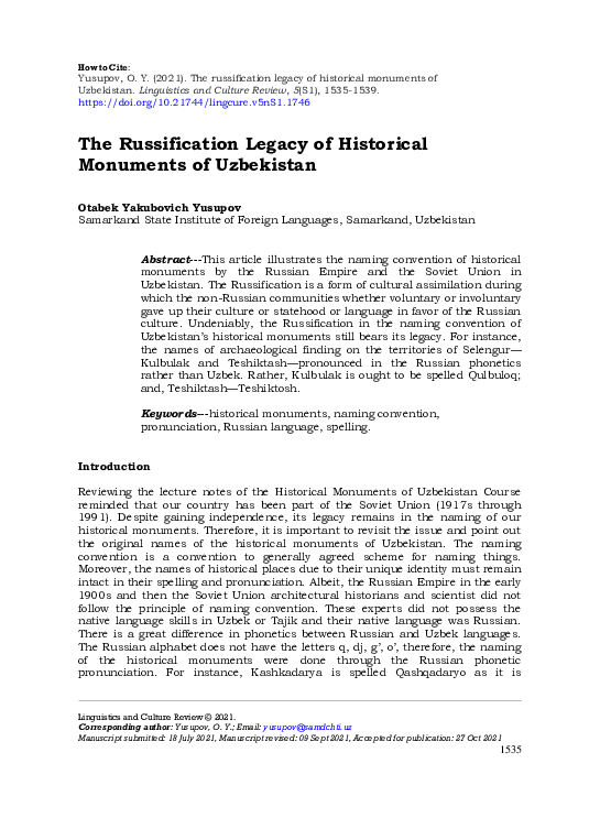 (PDF) The russification legacy of historical monuments of Uzbekistan