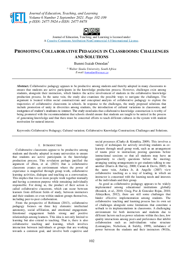 (PDF) Promoting Collaborative Pedagogy in Classrooms: Challenges and ...