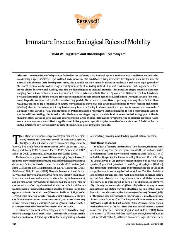(PDF) Immature Insects: Ecological Roles of Mobility