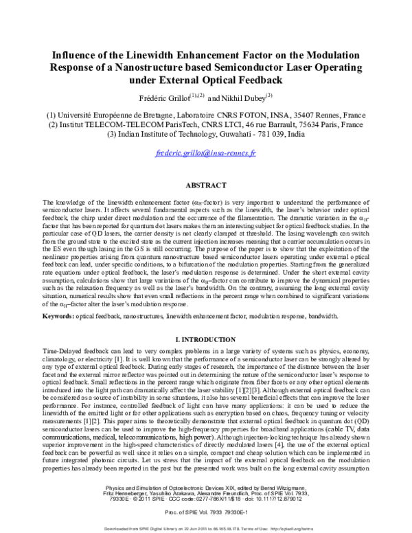 (PDF) Influence of the linewidth enhancement factor on the modulation ...