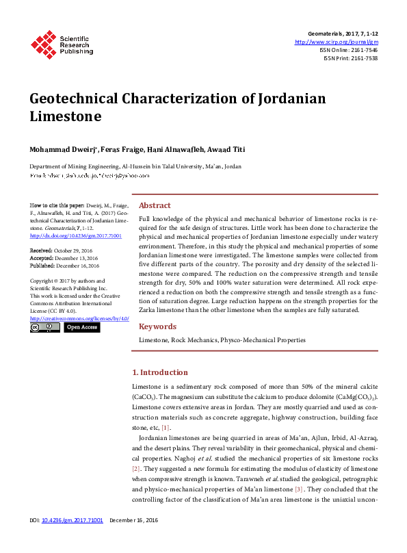 (PDF) Geotechnical Characterization of Jordanian Limestone Feras Fraige Academia.edu