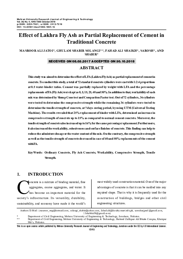 (PDF) Effect of Lakhra Fly Ash as Partial Replacement of Cement in ...