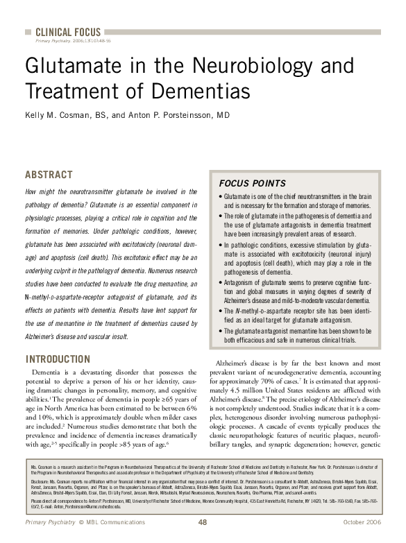 (PDF) Glutamate in the neurobiology and treatment of dementias