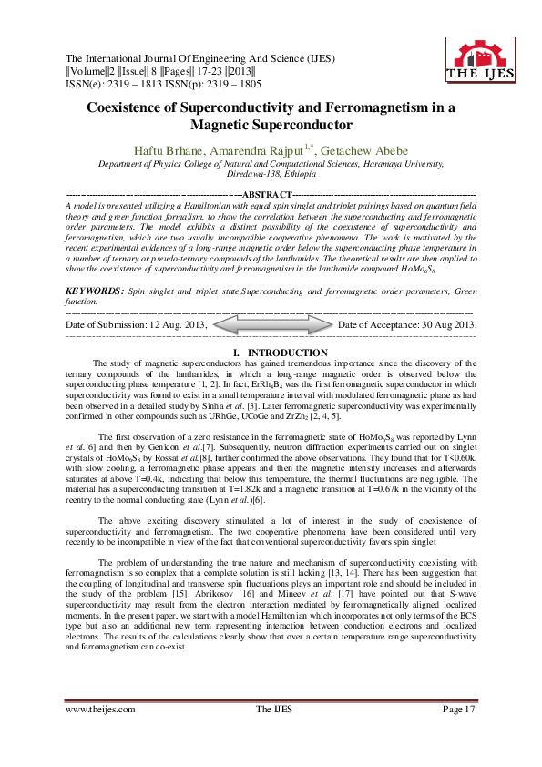 (PDF) Coexistence of Superconductivity and Ferromagnetism in a Magnetic ...