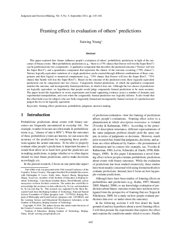 (PDF) Framing effect in evaluation of others' predictions