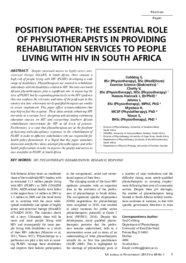 (PDF) Physiotherapists' Vital Role in HIV Rehabilitation in South Africa