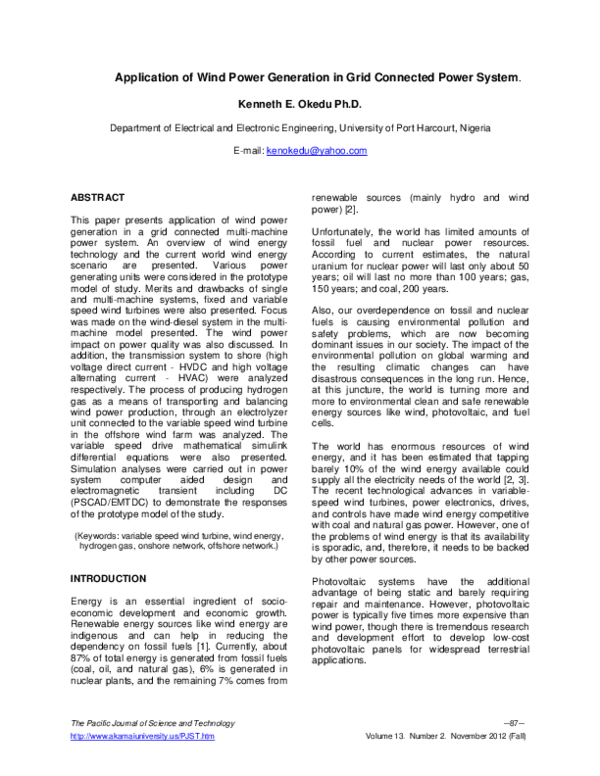 (PDF) Application of Wind Power Generation in Grid Connected Power System