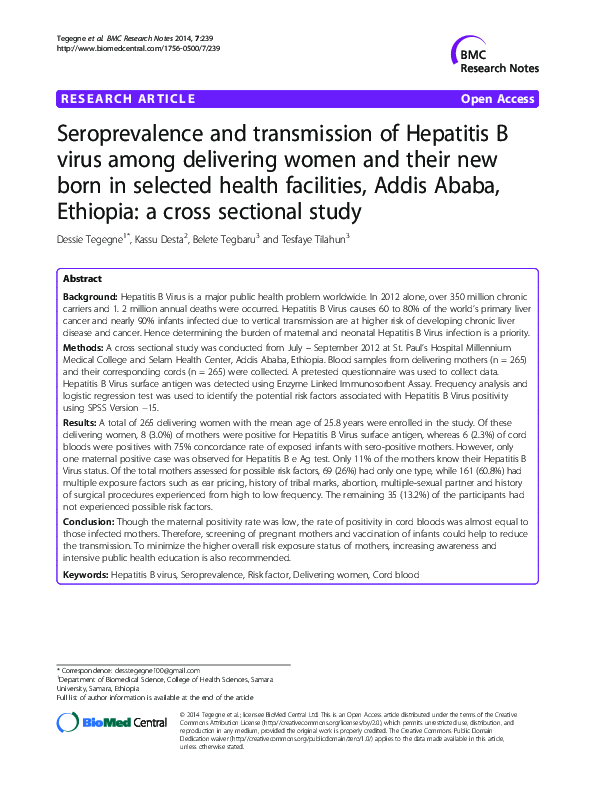 (PDF) Seroprevalence and transmission of Hepatitis B virus among ...