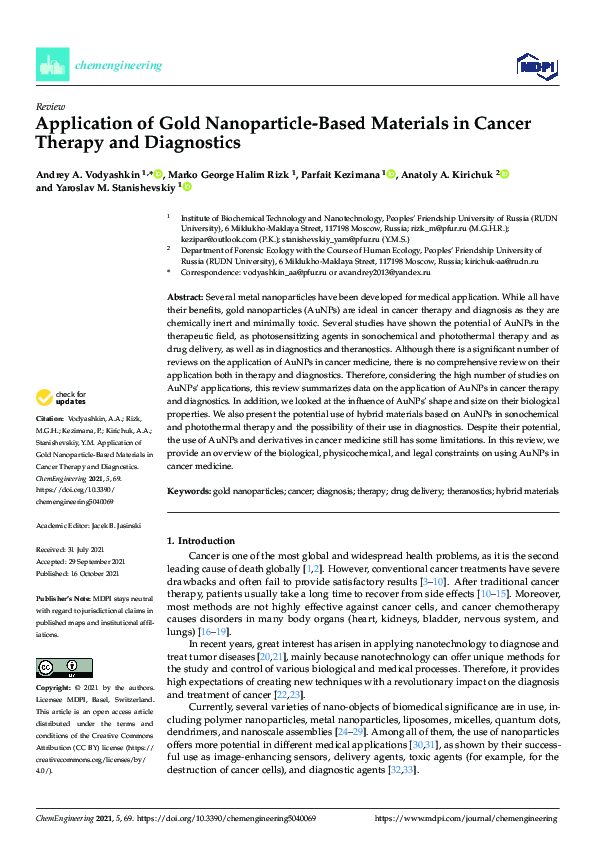 (PDF) Application of Gold Nanoparticle-Based Materials in Cancer ...