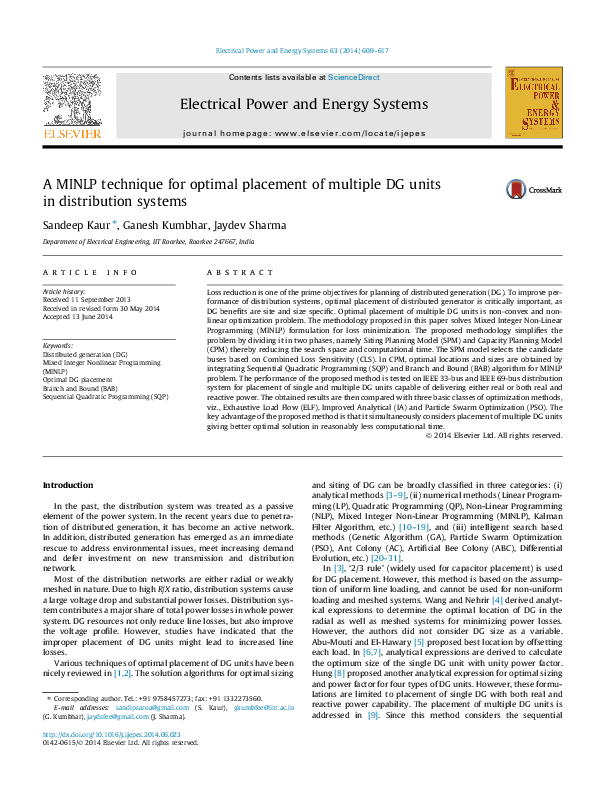 (PDF) A MINLP technique for optimal placement of multiple DG units in ...