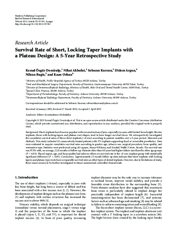 (PDF) Survival Rate of Short, Locking Taper Implants with a Plateau ...