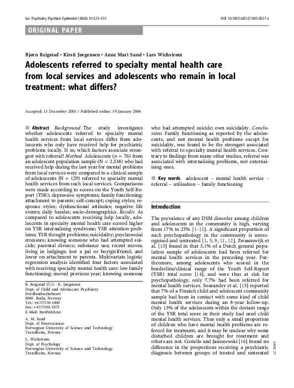 (PDF) Adolescents referred to specialty mental health care from local ...