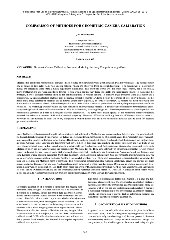(PDF) Comparison of Methods for Geometric Camera Calibration