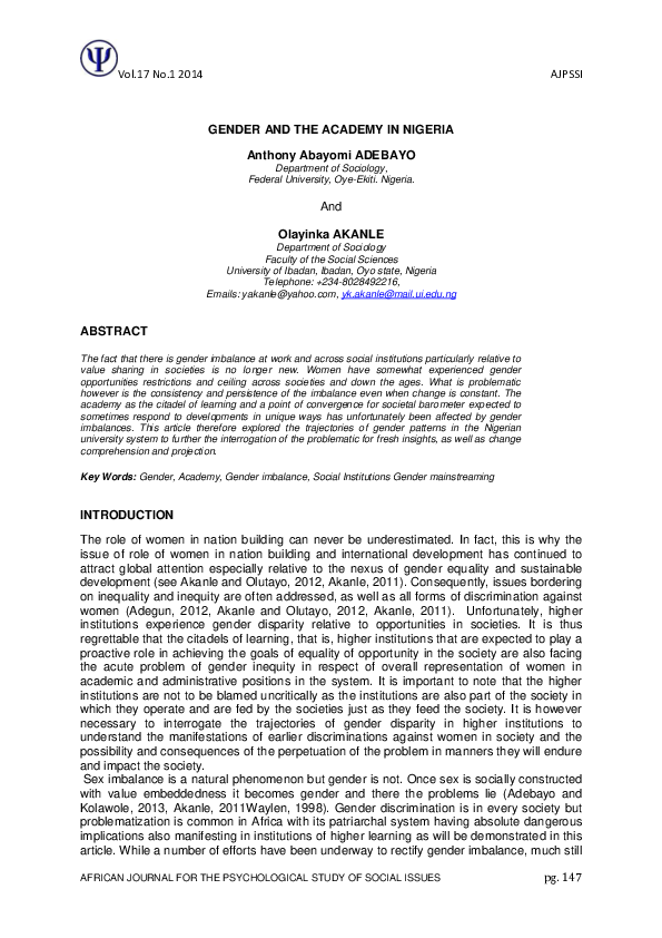  PDF Gender And The Academy In Nigeria Olayinka Akanle Academia edu