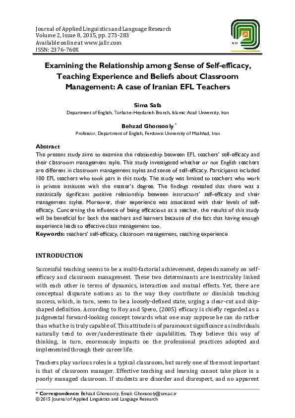 (PDF) Examining the Relationship among Sense of Self-efficacy, Teaching ...