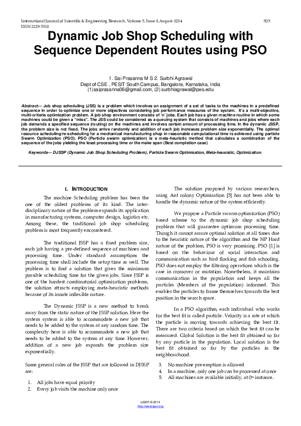 (PDF) Dynamic Job Shop Scheduling with Sequence Dependent Routes using PSO