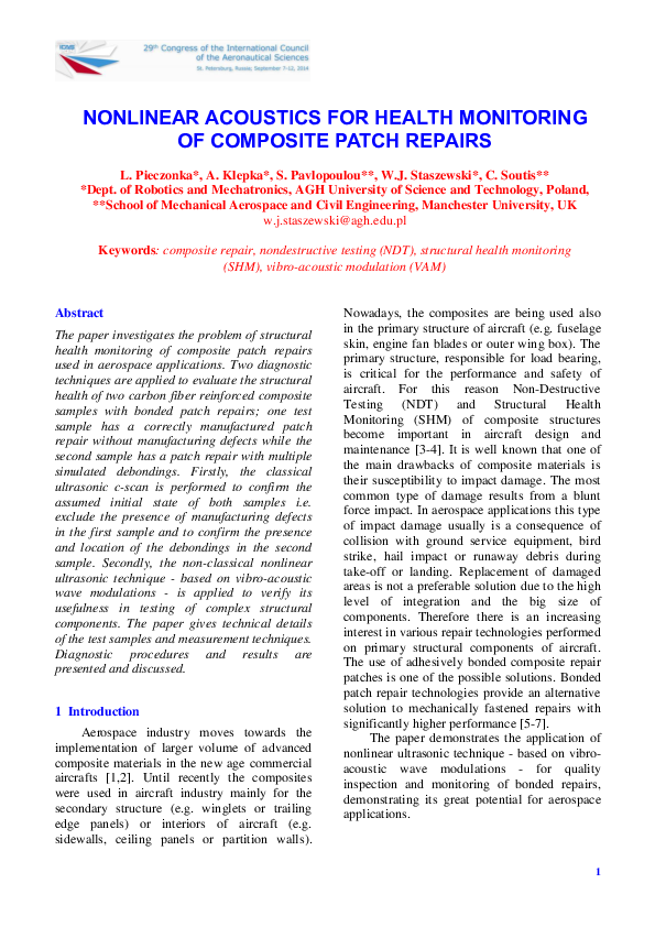 (PDF) Nonlinear Acoustics for Health Monitoring of Composite Patch Repairs