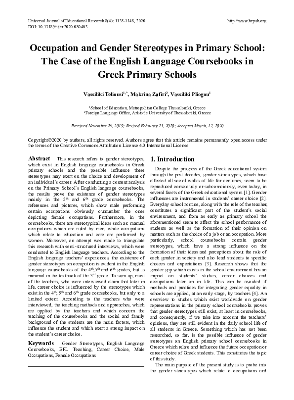 (PDF) Occupation and Gender Stereotypes in Primary School: The Case of ...