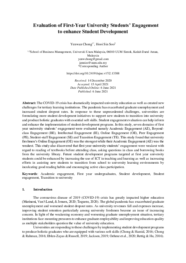 (PDF) Evaluation of First-Year University Students’ Engagement to ...