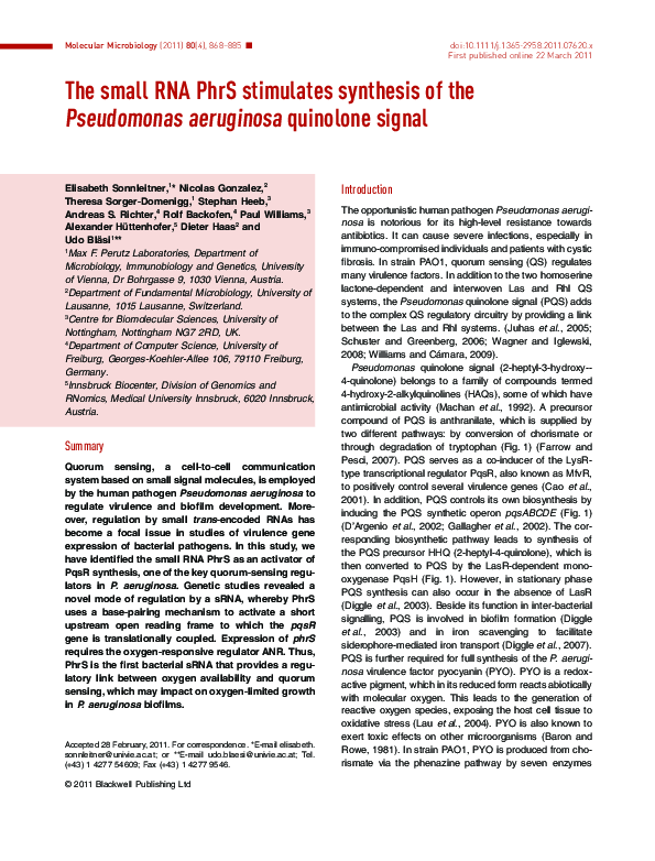(PDF) The small RNA PhrS stimulates synthesis of the Pseudomonas ...
