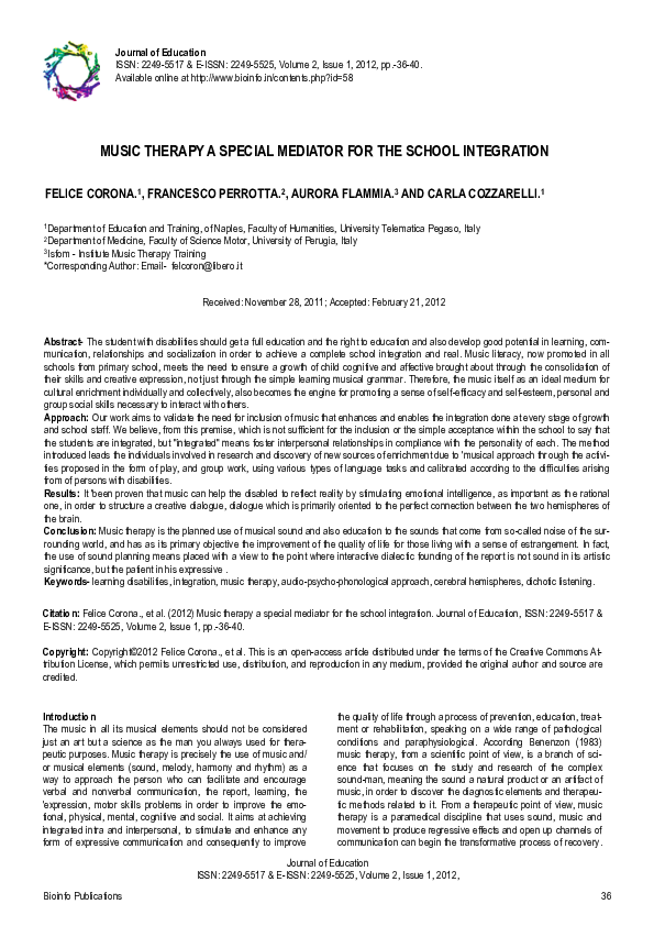 (PDF) Music Therapy a Special Mediator for the School Integration