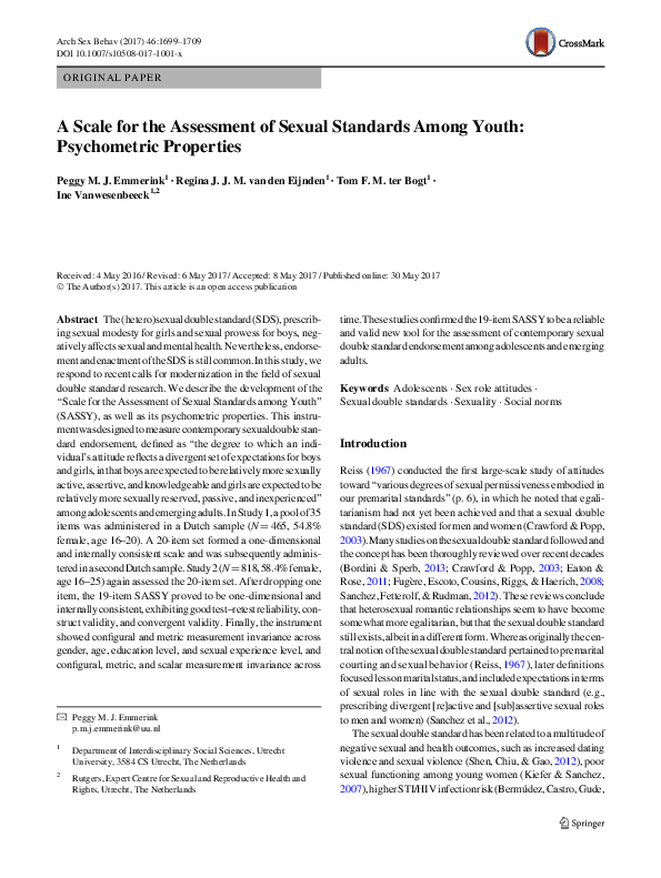 (PDF) A Scale for the Assessment of Sexual Standards Among Youth ...