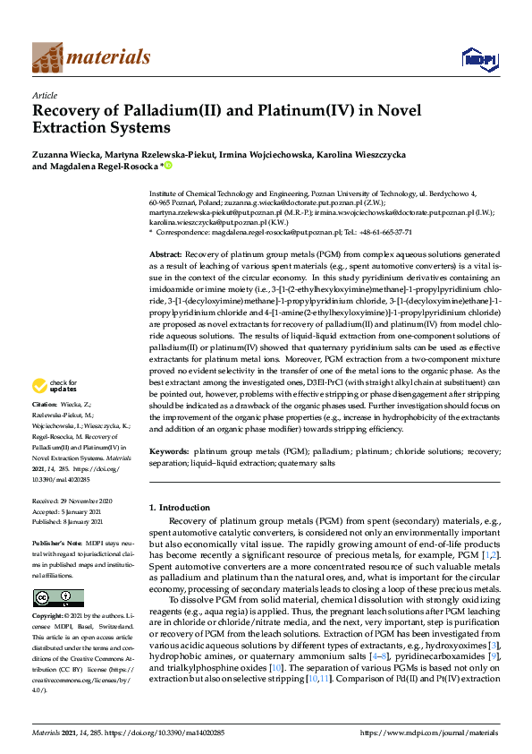 (PDF) Recovery of Palladium(II) and Platinum(IV) in Novel Extraction ...