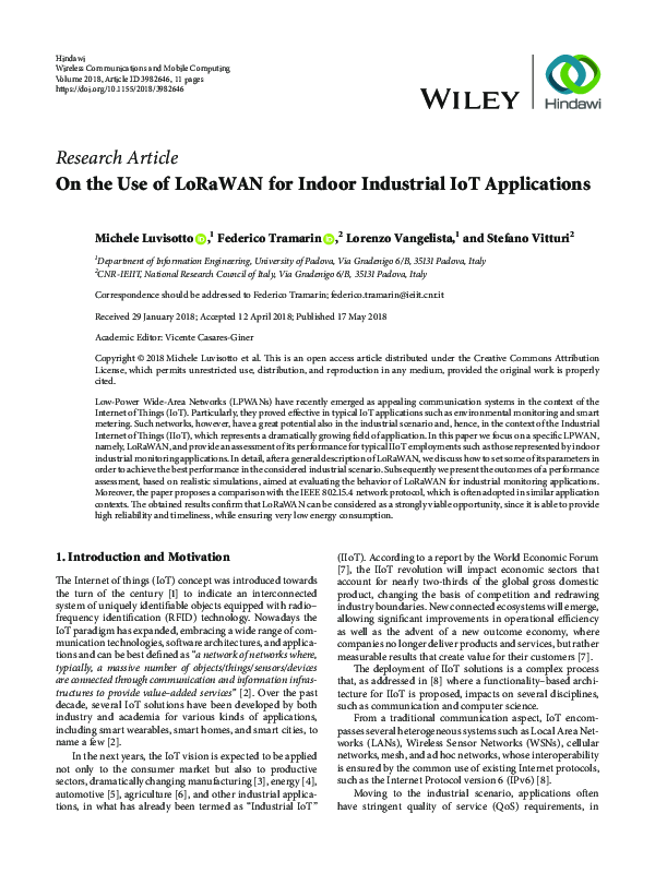 (PDF) On the Use of LoRaWAN for Indoor Industrial IoT Applications