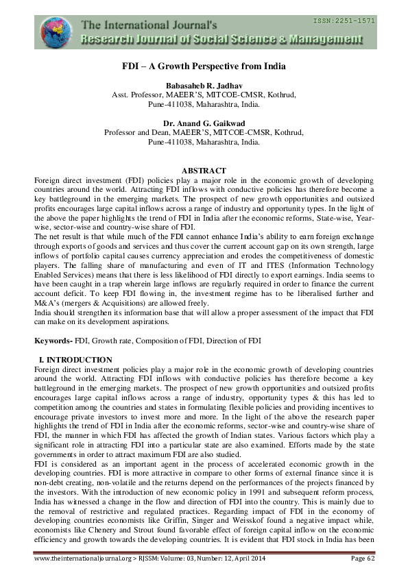 (PDF) Fdi – a Growth Perspective from India