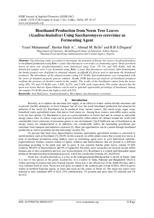 (PDF) Bioethanol Production from Neem Tree Leaves ( Azadirachtaindica ...